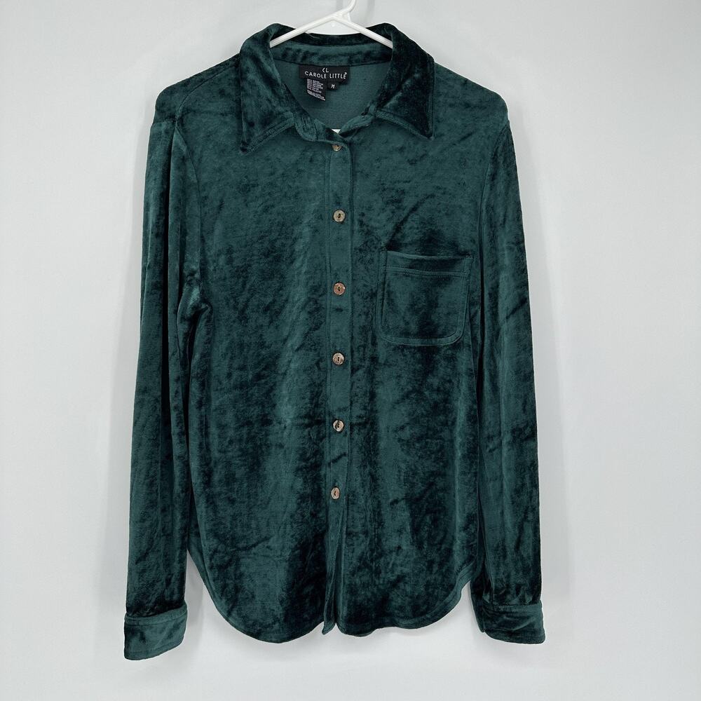 Carole Little Shirt Womens Medium Green Velvet Velour Button Front Long Sleeve - Picture 2 of 11